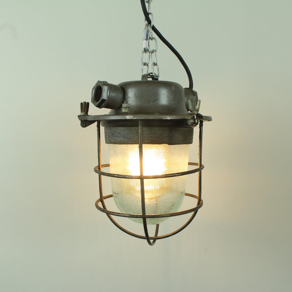 Industrial Salvage Pendant light fitting with glass dome and wire cage