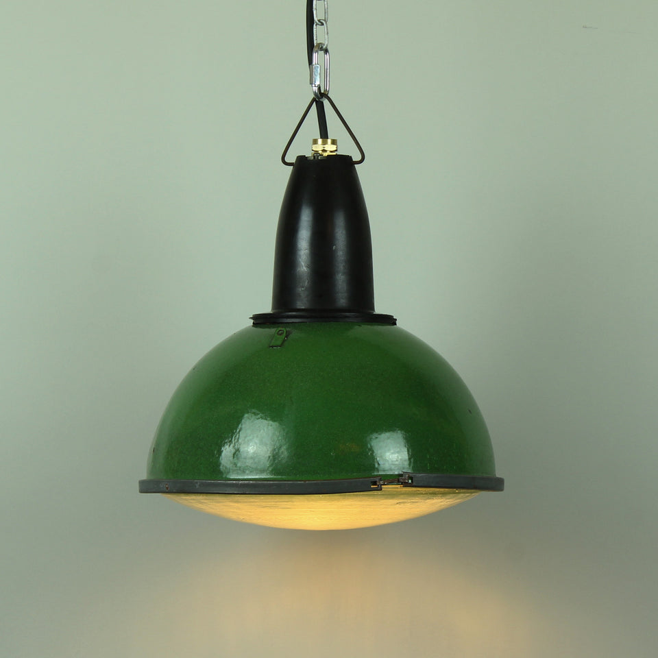 Green Enamel Factory Reclaimed Light Fitting with lens