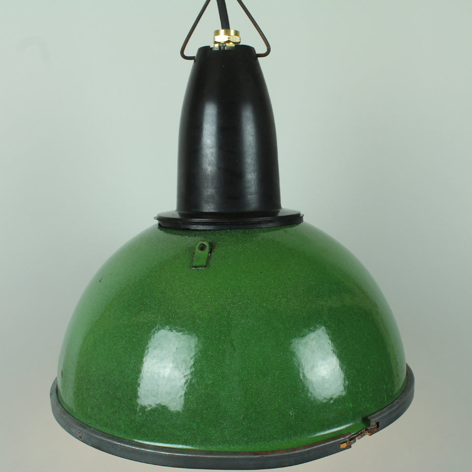 Green Enamel Factory Reclaimed Light Fitting with lens - Close up