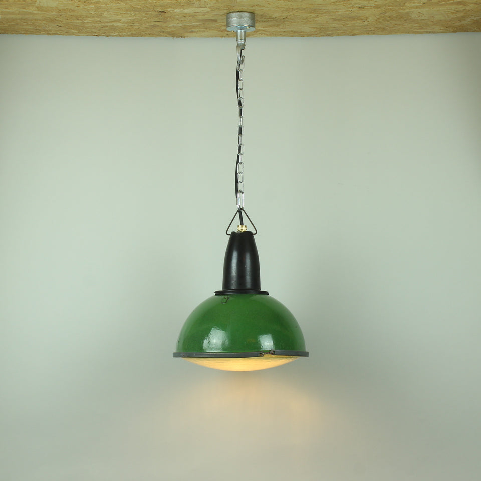 Green Enamel Factory Reclaimed Light Fitting with lens - Wide image