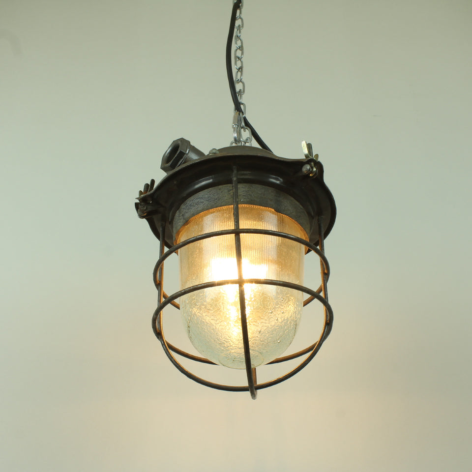 Industrial Salvage Pendant light fitting with glass dome and wire cage - lower 