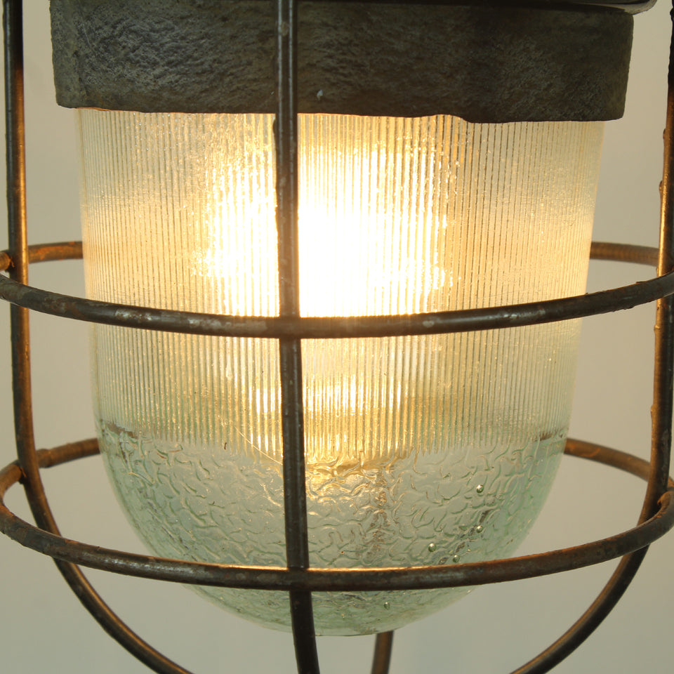 Industrial Salvage Pendant light fitting with glass dome and wire cage - Cage detail
