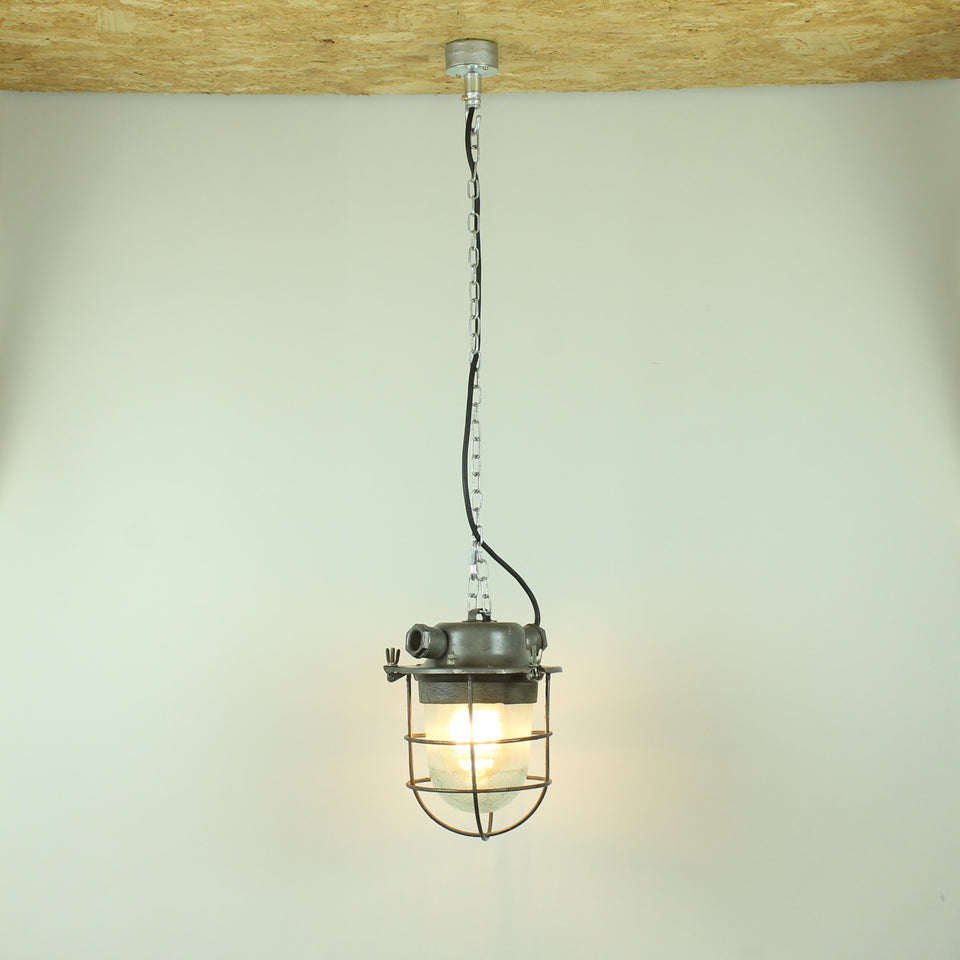 Industrial Salvage Pendant light fitting with glass dome and wire cage - Wide angle