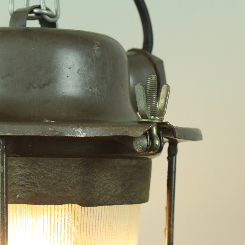 Industrial Salvage Pendant light fitting with glass dome and wire cage - wingnut detail