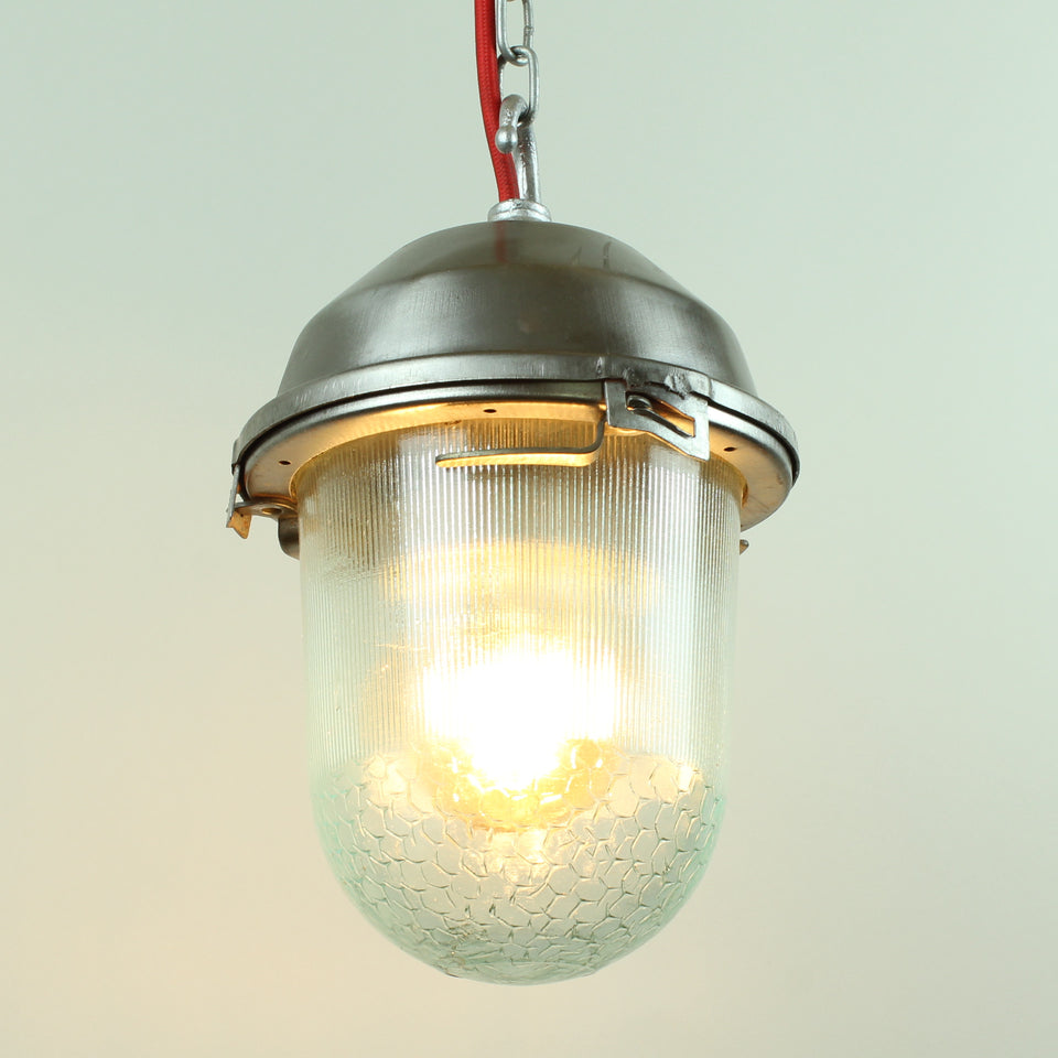 Small Reclaimed Industrial Glass Dome Light Fitting with Hook - close up