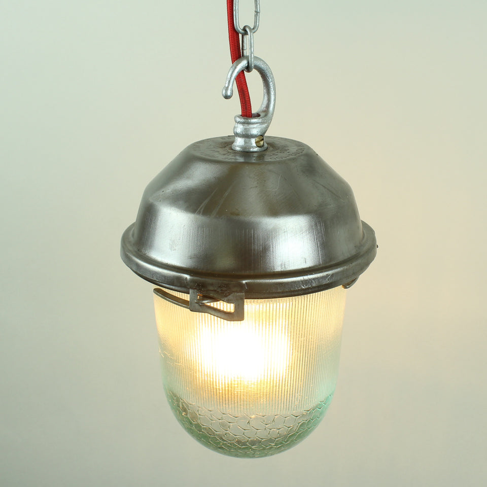 Small Reclaimed Industrial Glass Dome Light Fitting with Hook - top